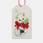 Witte Adorable Retro Kerst Katje Rood Lint  Cadeaulabel (Voorkant)