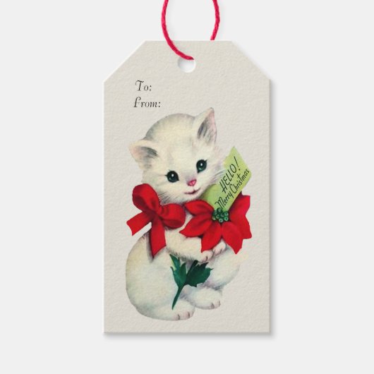 Witte Adorable Retro Kerst Katje Rood Lint  Cadeaulabel (Voorkant)