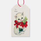 Witte Adorable Retro Kerst Katje Rood Lint  Cadeaulabel (Achterkant)