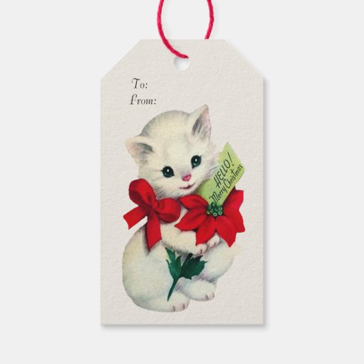 Witte Adorable Retro Kerst Katje Rood Lint  Cadeaulabel (Achterkant)
