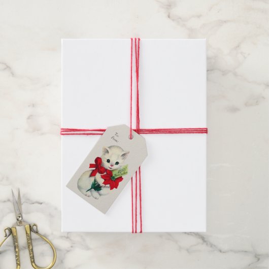 Witte Adorable Retro Kerst Katje Rood Lint  Cadeaulabel (Met Touw)