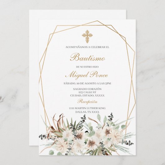 Witte alcohol doop Spaanse uitnodiging (Voorkant / Achterkant)