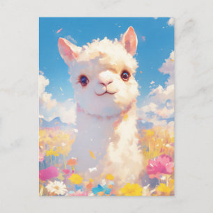 Witte Alpaca in Kleurrijk Bloemenveld Briefkaart