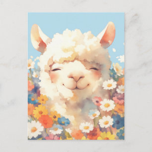 Witte Alpaca in Kleurrijke Bloementuin Briefkaart