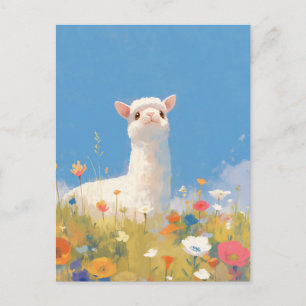 Witte Alpaca in Kleurrijke Bloemenweide Briefkaart
