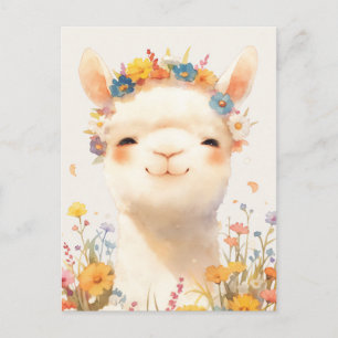 Witte Alpaca met Kleurrijke Wilde Bloemenkrans Briefkaart