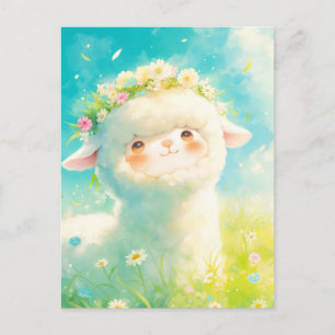 Witte Alpaca met Lente Bloemenkrans Weide Briefkaart