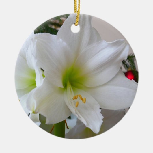 Witte amaryllis en kerstboom keramisch ornament (Voorkant)