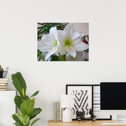 Witte amaryllis en kerstboom poster (Thuiskantoor)