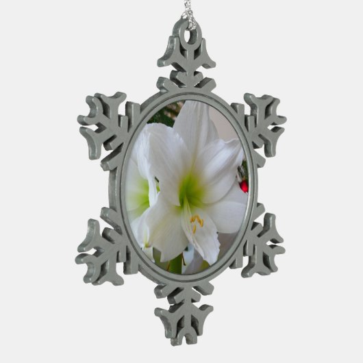 Witte amaryllis en kerstboom tin sneeuwvlok ornament (Links)