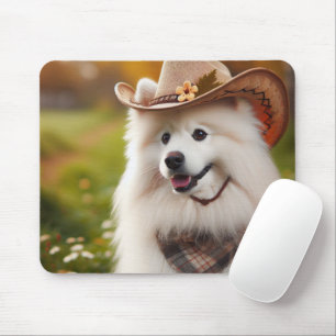 Witte Amerikaanse Eskimo Hond Dragen Cowboy Pet Muismat