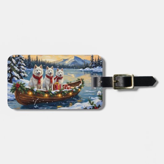 Witte Amerikaanse Eskimohond Kerstboot Vakantie Bagagelabel (Voorkant horizontaal)