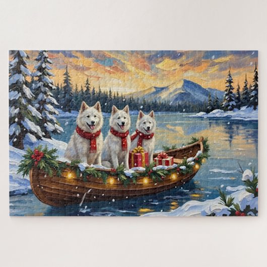 Witte Amerikaanse Eskimohond Kerstboot Vakantie Legpuzzel (Horizontaal)