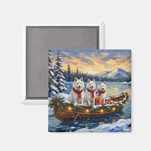 Witte Amerikaanse Eskimohond Kerstboot Vakantie Magneet (Voorkant / Achterkant)