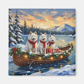 Witte Amerikaanse Eskimohond Kerstboot Vakantie Magneet (Voorkant)