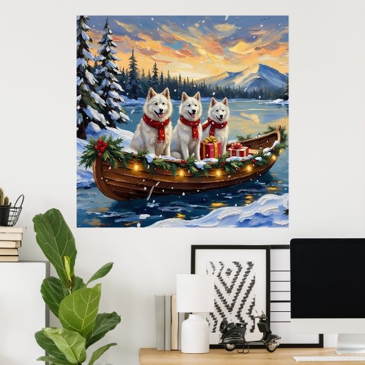 Witte Amerikaanse Eskimohond Kerstboot Vakantie Poster (Thuiskantoor)