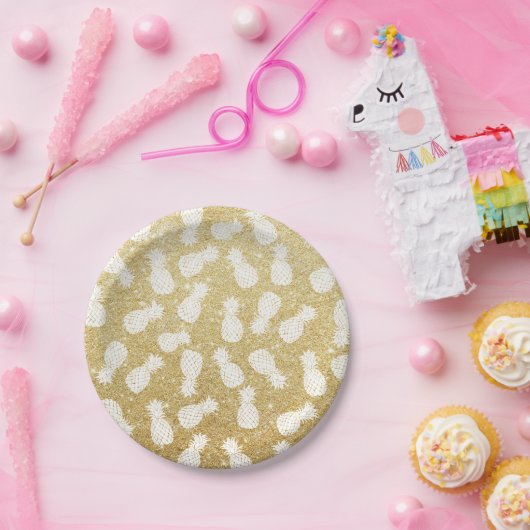 Witte ananas patroon op goud glitter papieren bordje (Feest)