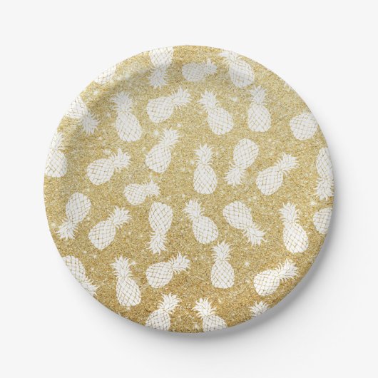 Witte ananas patroon op goud glitter papieren bordje (Voorkant)