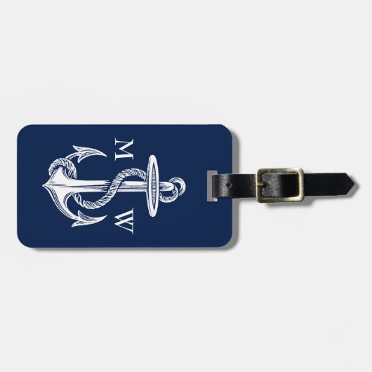 witte anchor Rope Navy Blauwe Achtergrond Bagagelabel (Voorkant horizontaal)