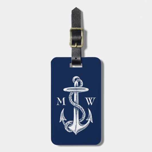 witte anchor Rope Navy Blauwe Achtergrond Bagagelabel (Voorkant verticaal)