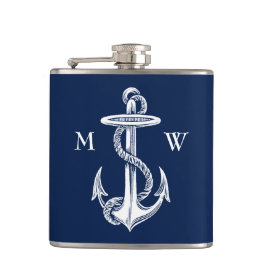  witte anchor Rope Navy Blauwe Achtergrond Heupfles