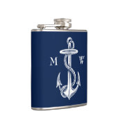 witte anchor Rope Navy Blauwe Achtergrond Heupfles (Rechts)