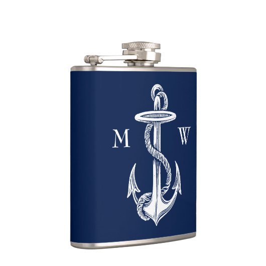  witte anchor Rope Navy Blauwe Achtergrond Heupfles (Rechts)