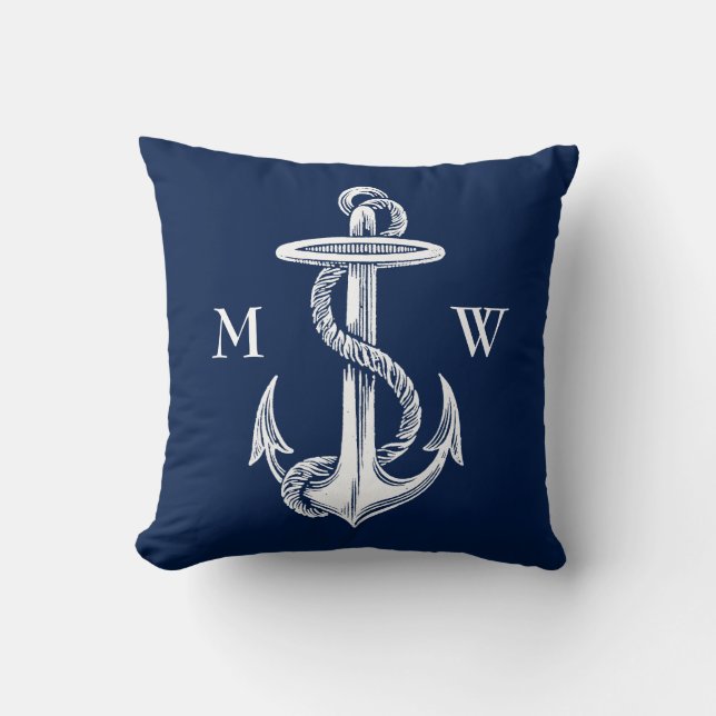  witte anchor Rope Navy Blauwe Achtergrond Kussen (Voorkant)