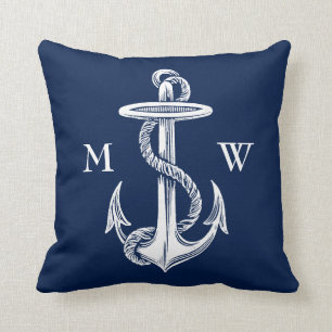  witte anchor Rope Navy Blauwe Achtergrond Kussen