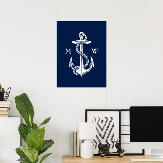  witte anchor Rope Navy Blauwe Achtergrond Poster (Thuiskantoor)
