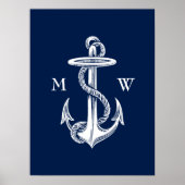  witte anchor Rope Navy Blauwe Achtergrond Poster (Voorkant)