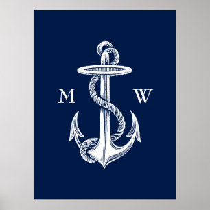 witte anchor Rope Navy Blauwe Achtergrond Poster