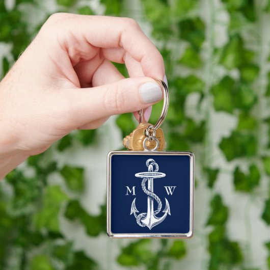  witte anchor Rope Navy Blauwe Achtergrond Sleutelhanger (Hand)