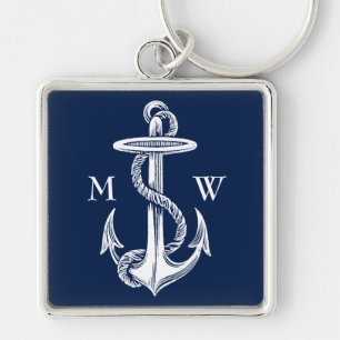  witte anchor Rope Navy Blauwe Achtergrond Sleutelhanger