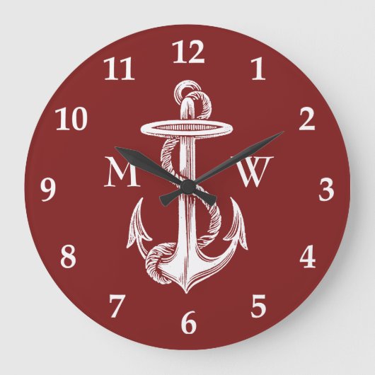  witte anchor Rope Wine Red Nautical Grote Klok (Voorkant)