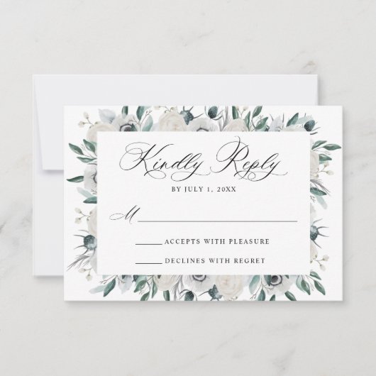 Witte Anemonen en Rozen Bloemen Bruiloft RSVP Kaar (Voorkant)