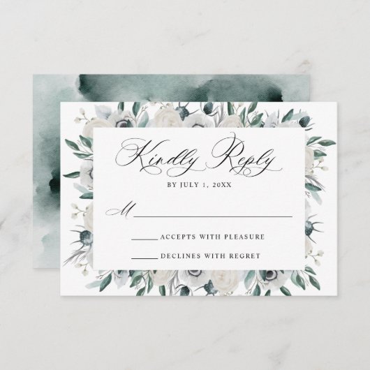 Witte Anemonen en Rozen Bloemen Bruiloft RSVP Kaar (Voorkant / Achterkant)