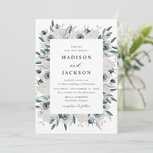 Witte Anemonen en Rozen Bloemenbruiloft Kaart (Staand voorkant)