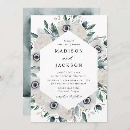 Witte Anemonen en Rozen Bloemenbruiloft Kaart (Voorkant / Achterkant)