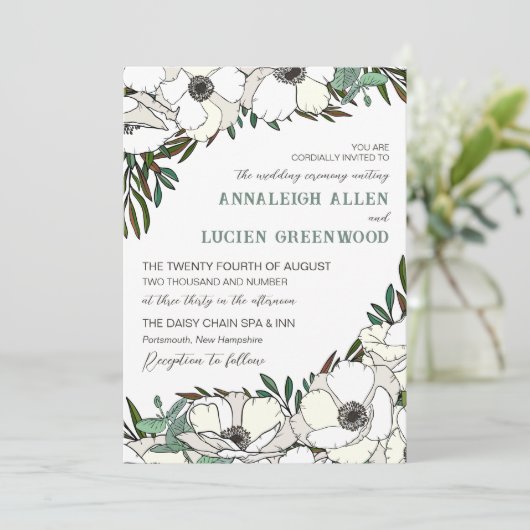 Witte Anemonen Eucalyptus Traditionele bruiloft Kaart (Staand voorkant)