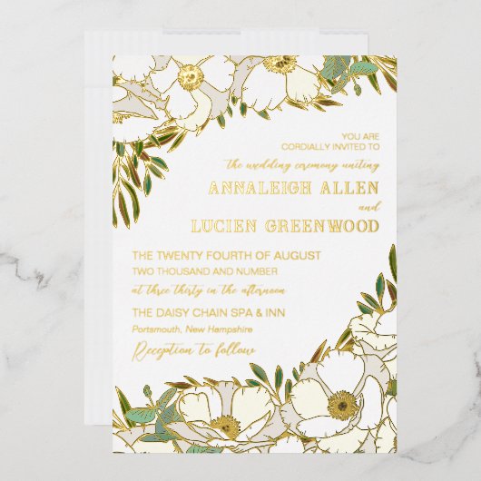 Witte Anemonen Gouden Folie Line Art Wedding Uitnodiging (Envelop)