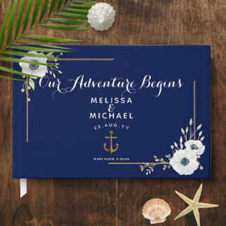 Witte Anemonen ⚓️ Marine Blauw Nautische Huwelijk Gastenboek