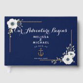 Witte Anemonen ⚓️ Marine Blauw Nautische Huwelijk Gastenboek (Voorkant)