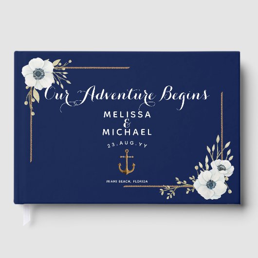 Witte Anemonen ⚓️ Marine Blauw Nautische Huwelijk Gastenboek (Voorkant)