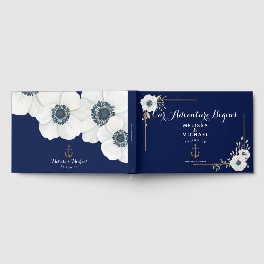 Witte Anemonen ⚓️ Marine Blauw Nautische Huwelijk Gastenboek (Volledig)