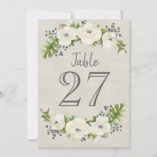 Witte Anemoon Aquarel Bloemen Tafelnummerkaart Kaart (Voorkant)