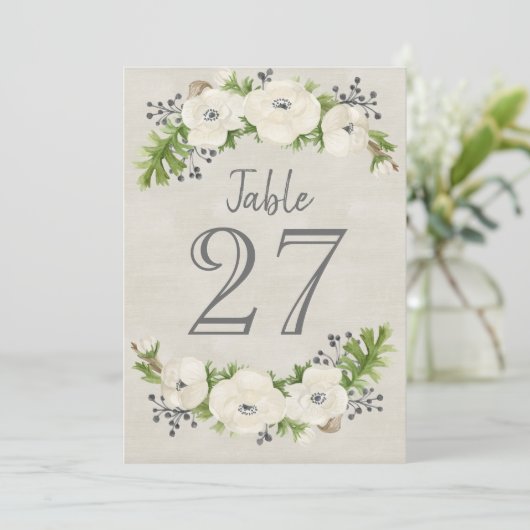 Witte Anemoon Aquarel Bloemen Tafelnummerkaart Kaart (Staand voorkant)