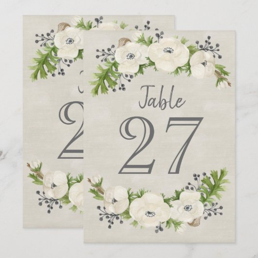 Witte Anemoon Aquarel Bloemen Tafelnummerkaart Kaart (Voorkant / Achterkant)