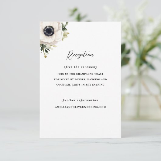 Witte Anemoon Bloem Huwelijk Uitnodiging Informatiekaartje (Staand voorkant)