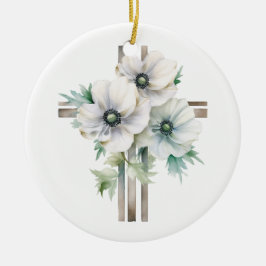 Witte anemoon bloem kruis keramisch ornament